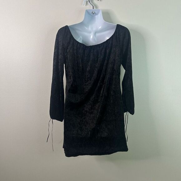 Maria Gabrielle Crushed Velvet Peasant Top S Black Lace-Up Cottagecore Goth - Picture 6 of 11